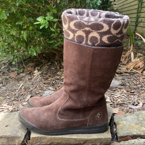 COACH TATUM BROWN SUEDE LEATHER BOOTS SIZE 7 WOOL SOCK LOOK SIGNATURE BOOTS